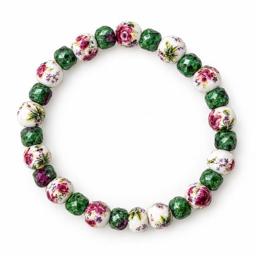 Green & White Floral Beaded Stretch Bracelet