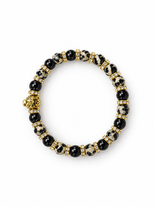 Black & Cream Leopard Beaded Stretch Bracelet