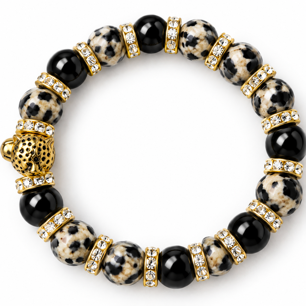 Black & Cream Leopard Crystal Stretch Bracelet