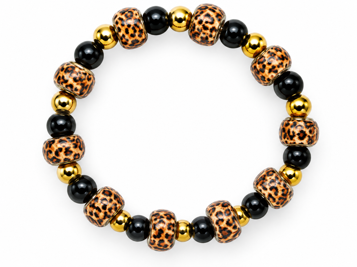 Black, Gold & Orange Leopard Stretch Bracelet