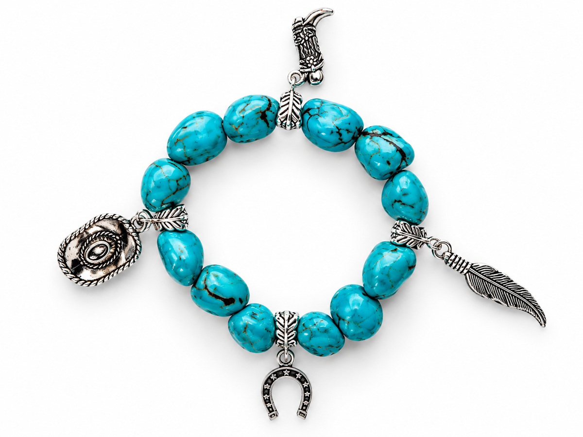 Turquoise Feather & Horseshoe Western Stretch Bracelet