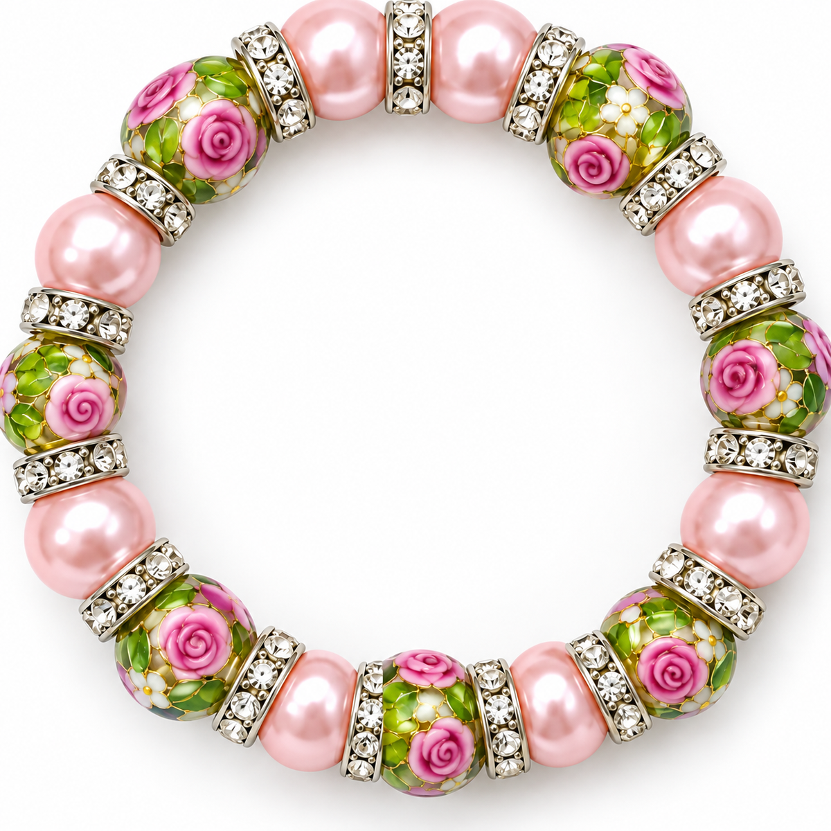 Pink Pearl & Rose Floral Stretch Bracelet