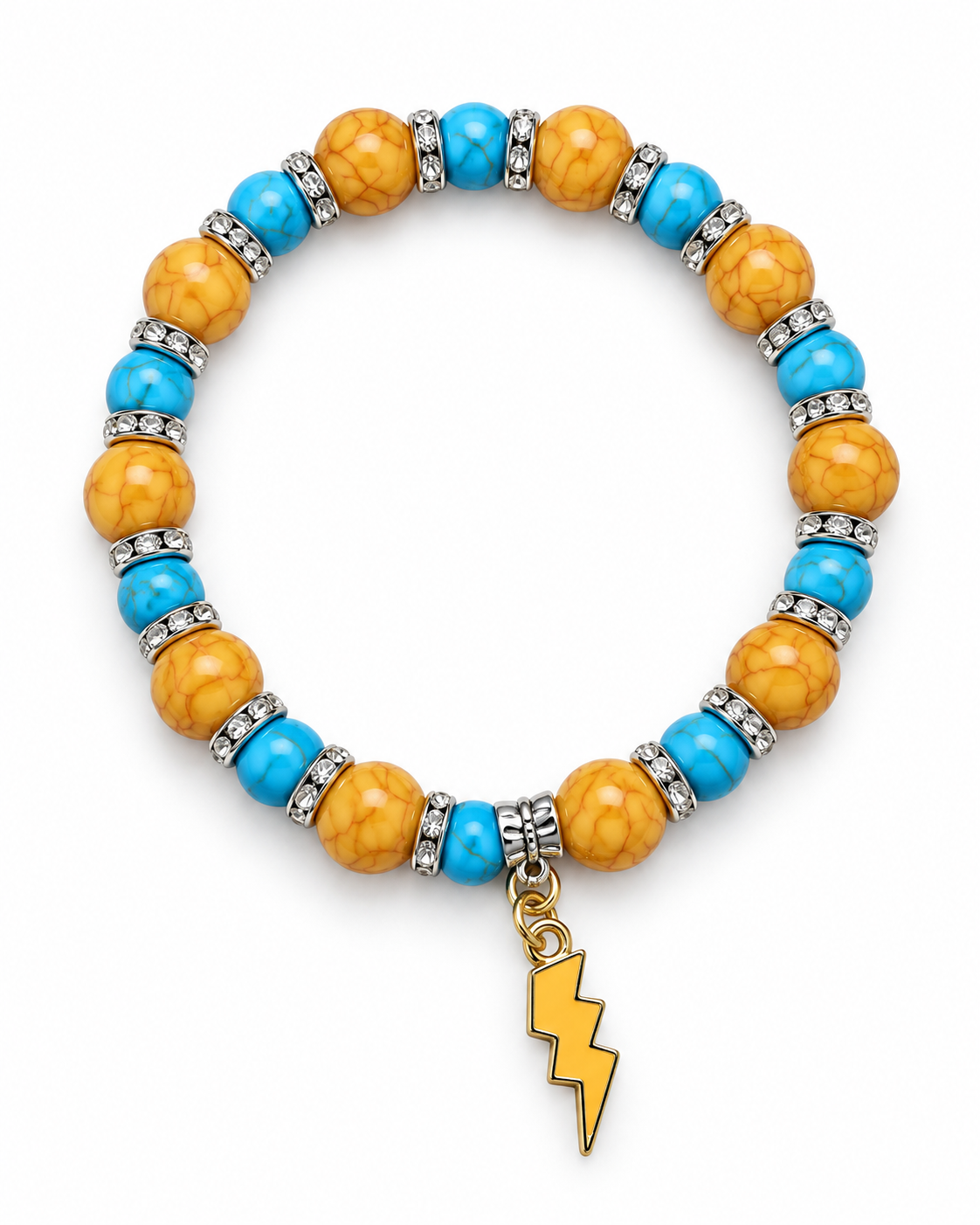 Blue and golden yellow beaded bracelet with silver-tone spacers and lightning charm on white background