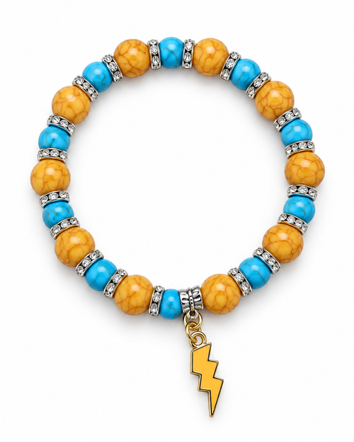 Blue and golden yellow beaded bracelet with silver-tone spacers and lightning charm on white background