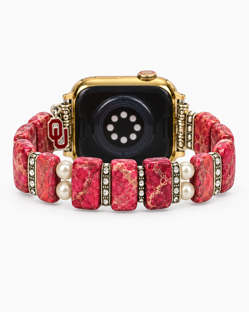 Back view of Apple Watch with crimson and cream beaded OU watch band on white background