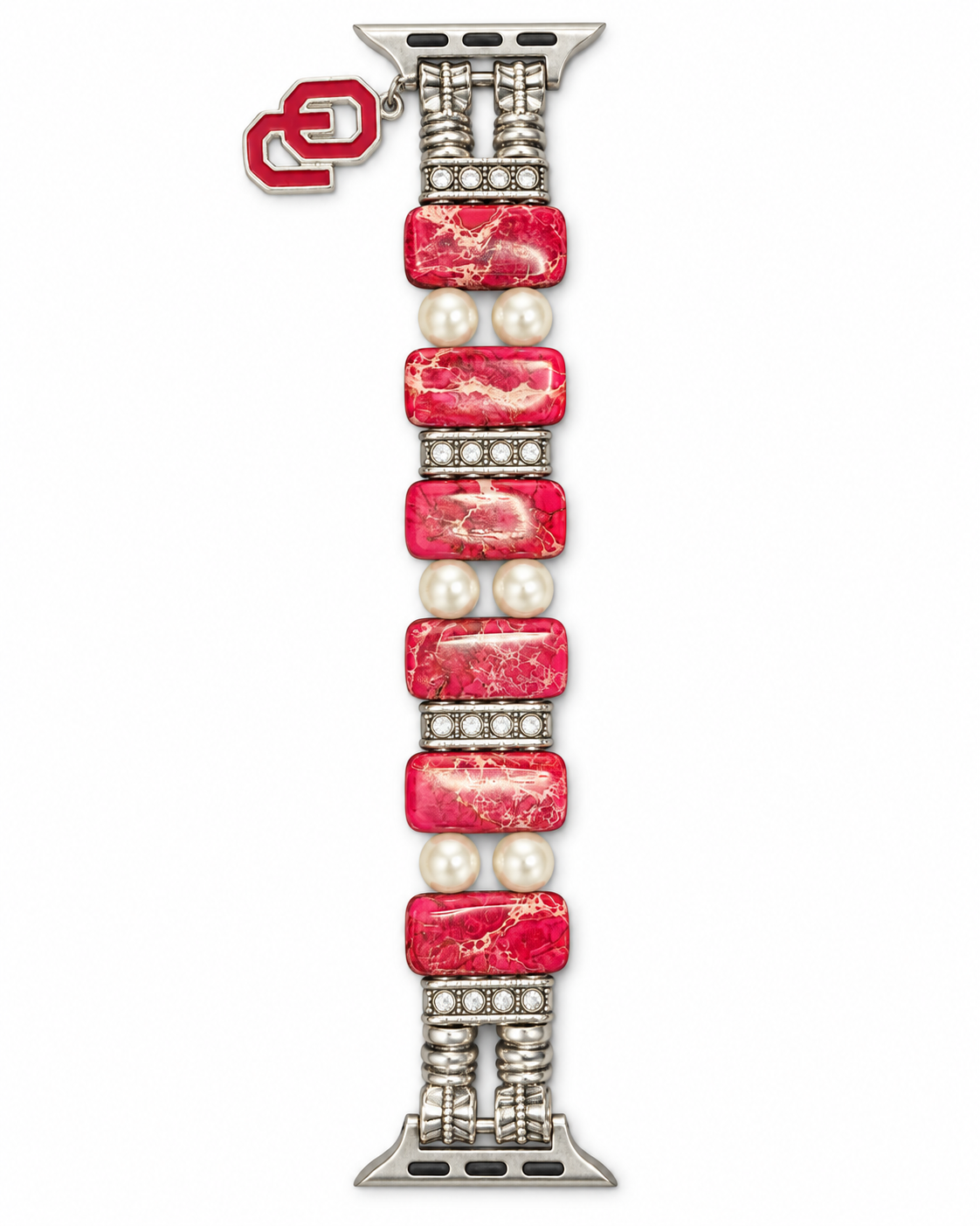 Crimson and cream beaded Apple Watch band with OU charm on white background