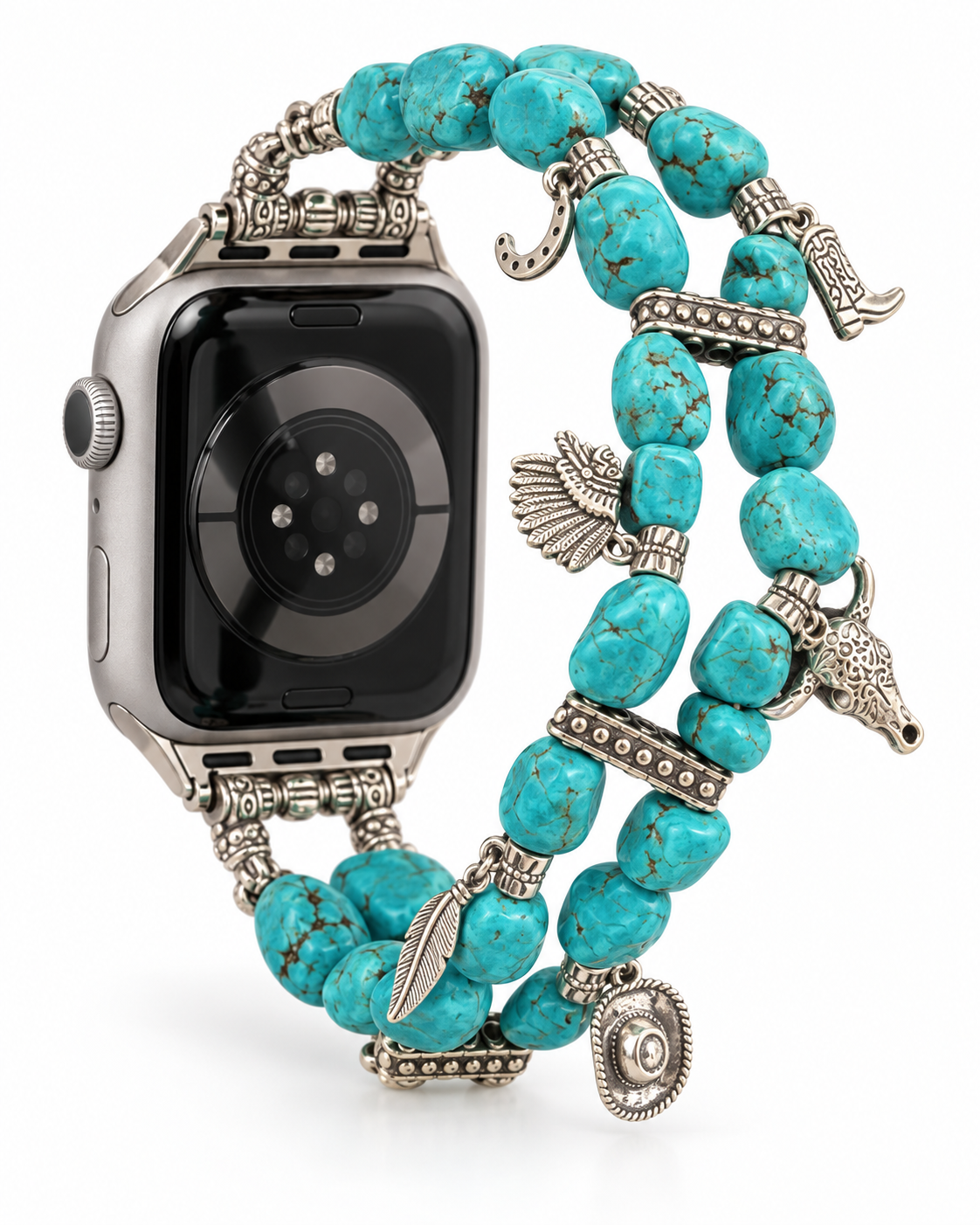 Back view of Apple Watch with turquoise beaded western charm band on white background