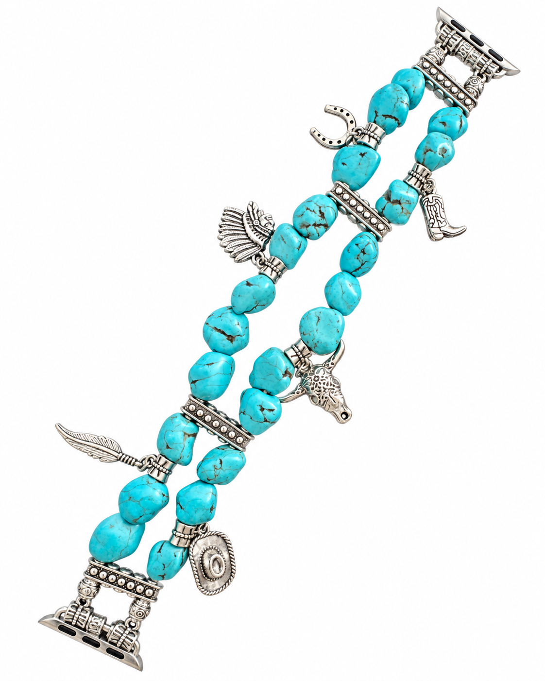 Turquoise beaded Apple Watch band with silver western charms on white background